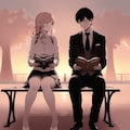 夕焼け、桜散る公園、ミニスカートの女の子が勉強デート 5枚目