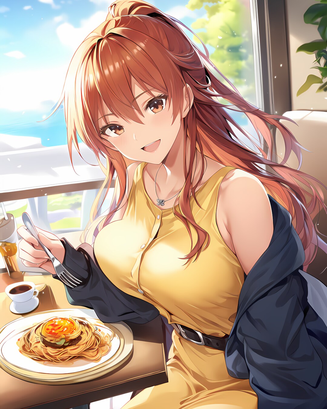 レモンイエローのワンピでランチ🍝 | の人気AIイラスト・グラビア