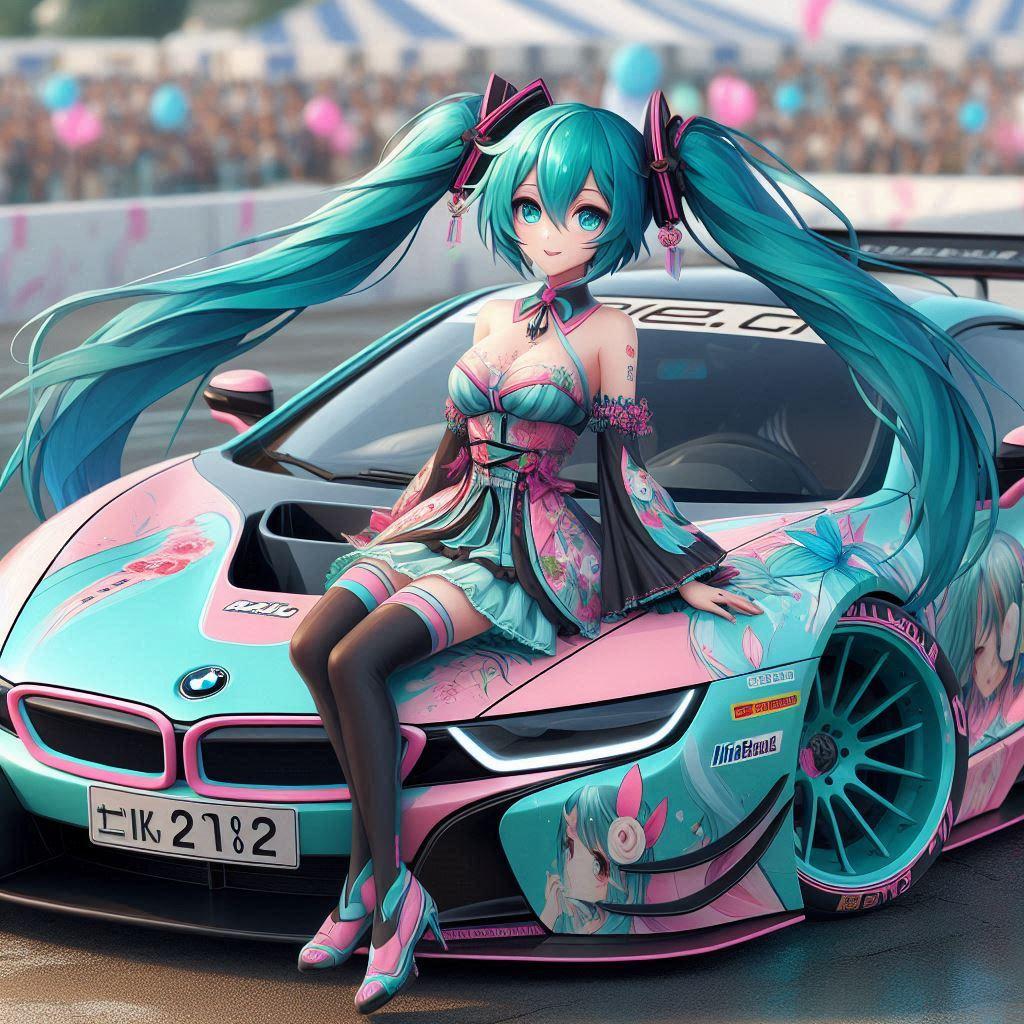 初音ミクカラーのBMW i8のドリ車 | の人気AIイラスト・グラビア