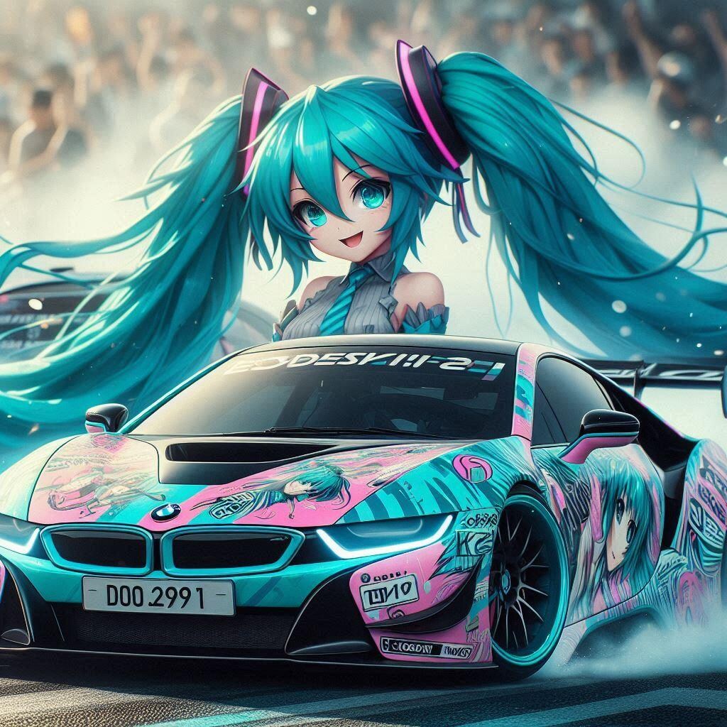 初音ミクカラーのBMW i8のドリ車