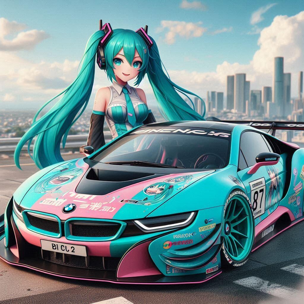 初音ミクカラーのBMW i8のドリ車