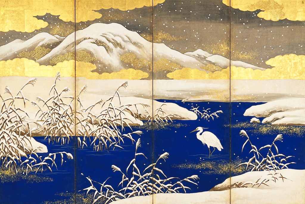 雪中鷺図屏風
