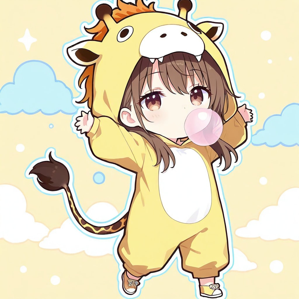 ガムを噛むキリン着ぐるみちび子ちゃん