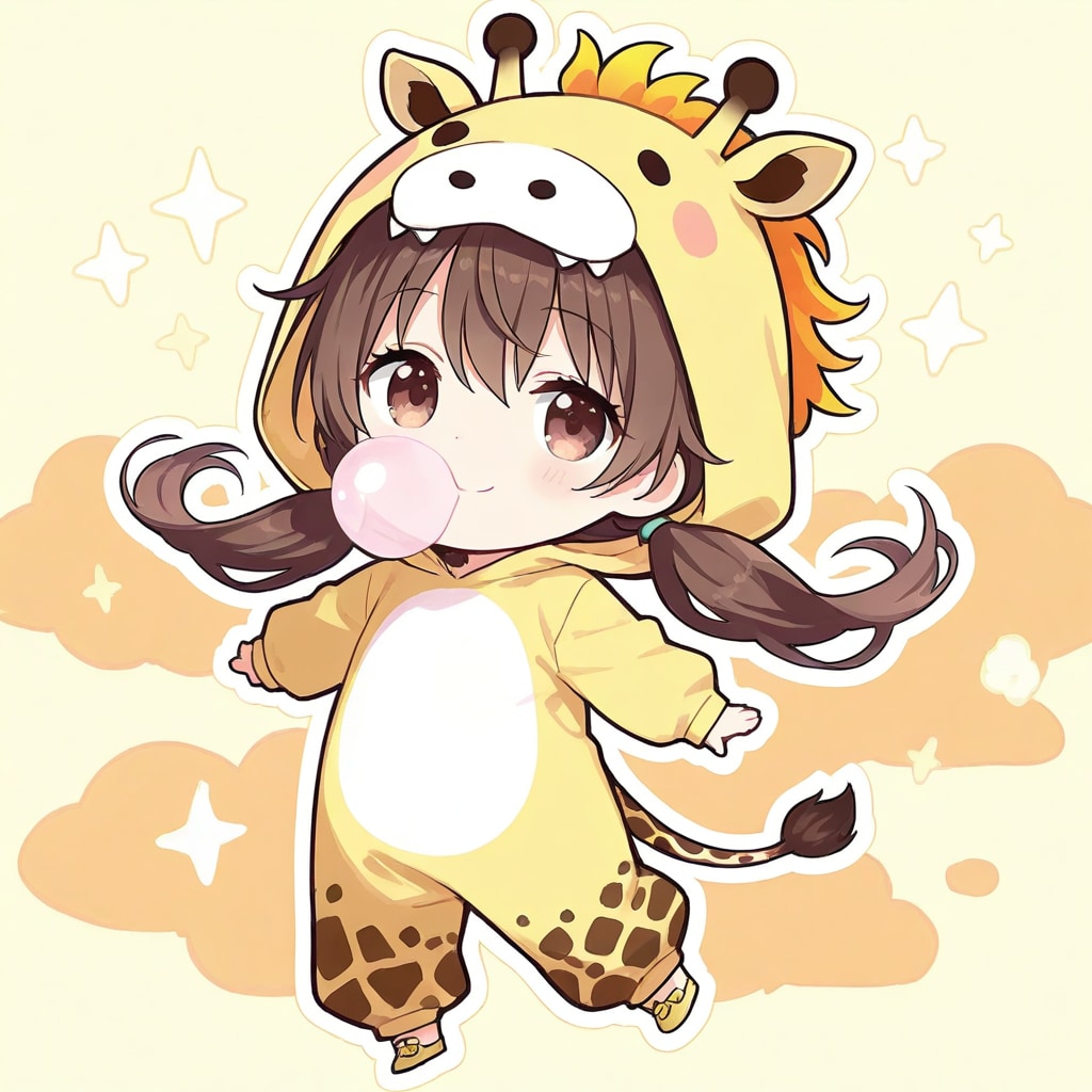 ガムを噛むキリン着ぐるみちび子ちゃん