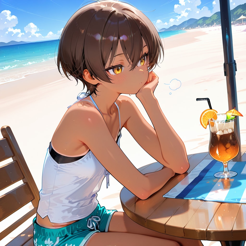 ビーチで一息つく褐色少女