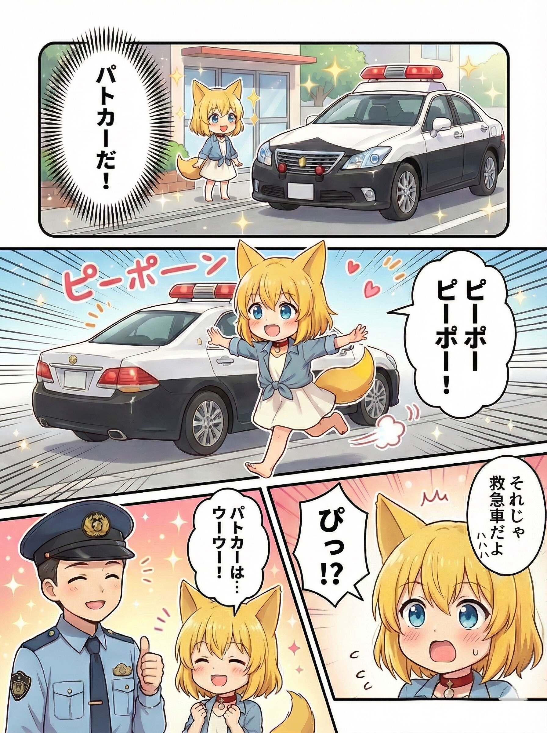パトカーのかっこよさに興奮してサイレンのものまねをするキツネ