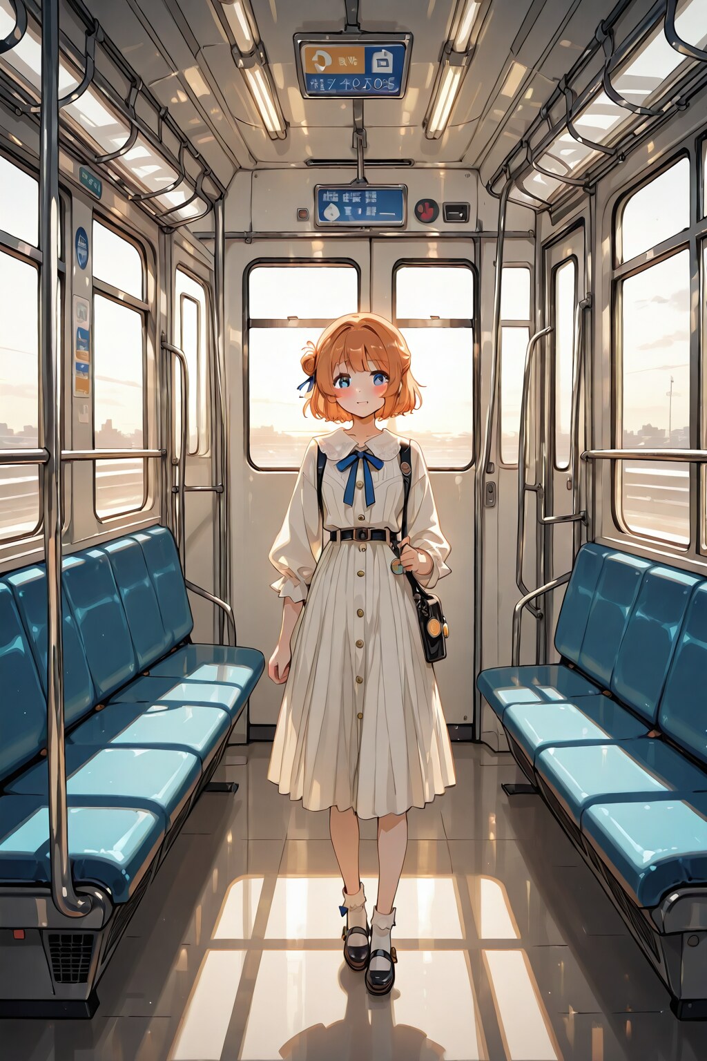 「薄着のバスガイドのボディーラインが逆光で透け見える様子」の全身写真