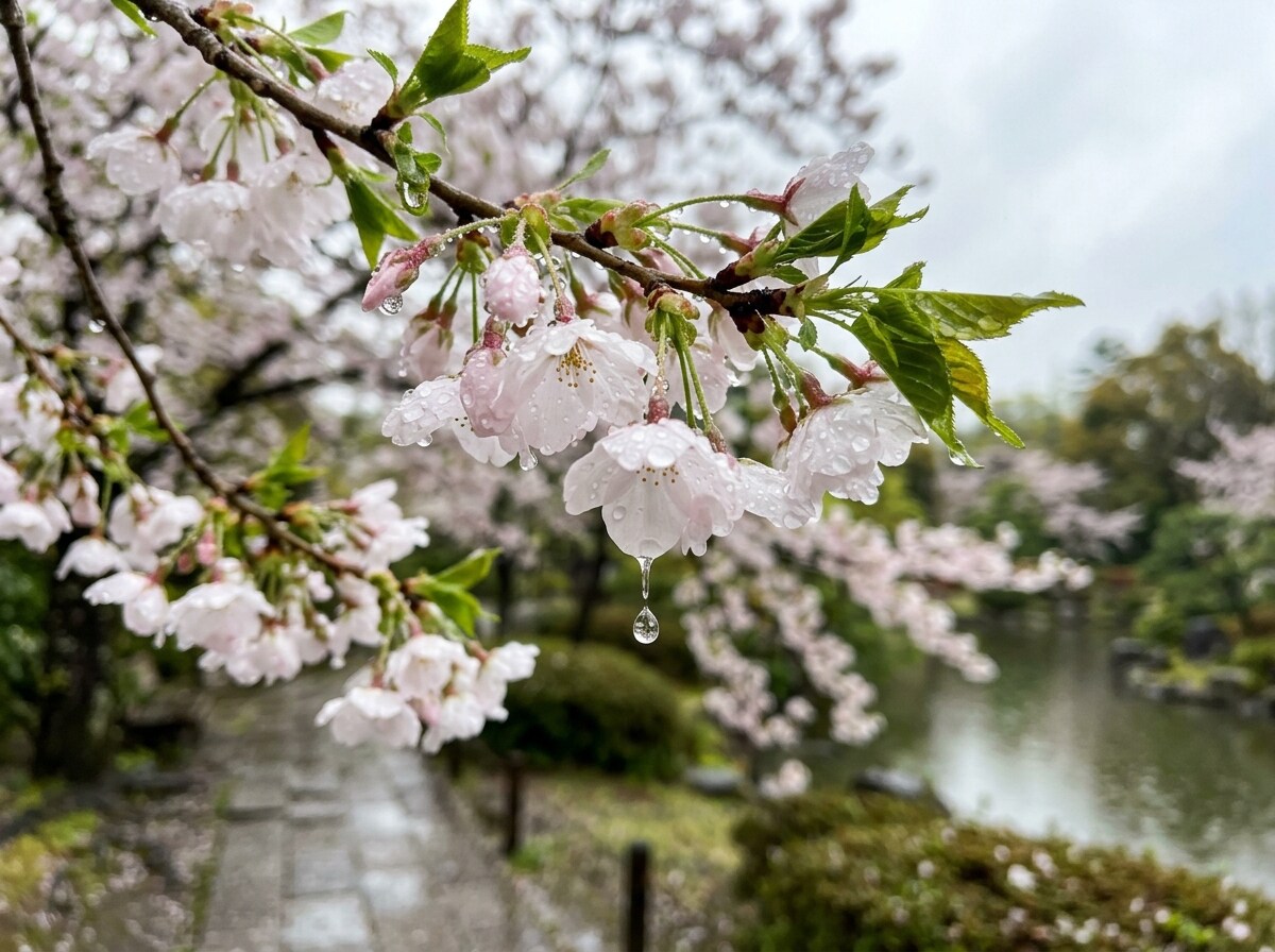 桜花に滴る雨粒