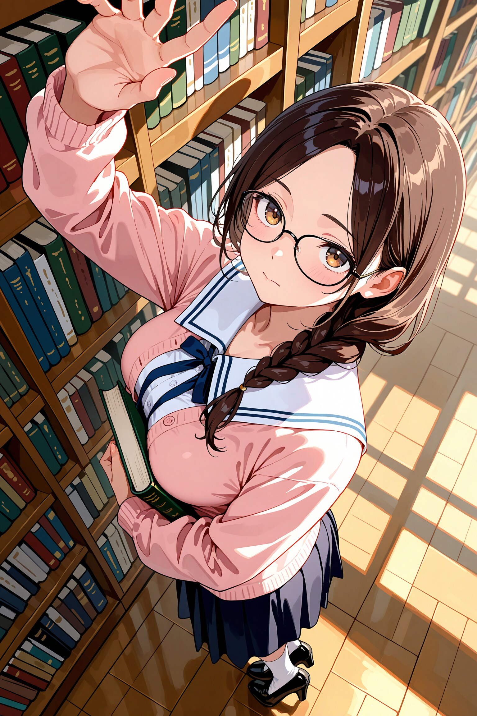 本棚から本を取ろうとする栞原さん