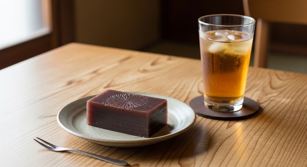 デザートの羊羹と麦茶のセット