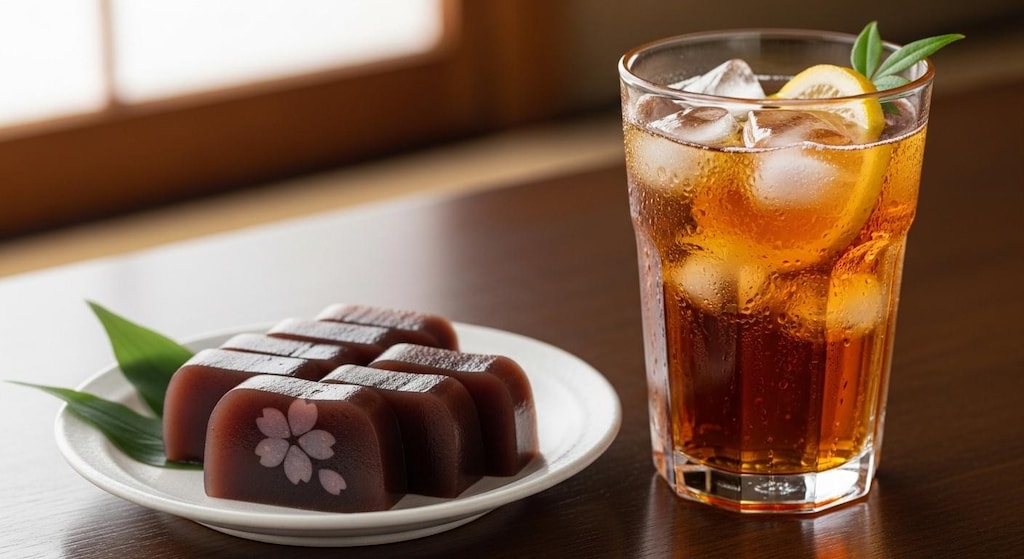 デザートの羊羹と麦茶のセット
