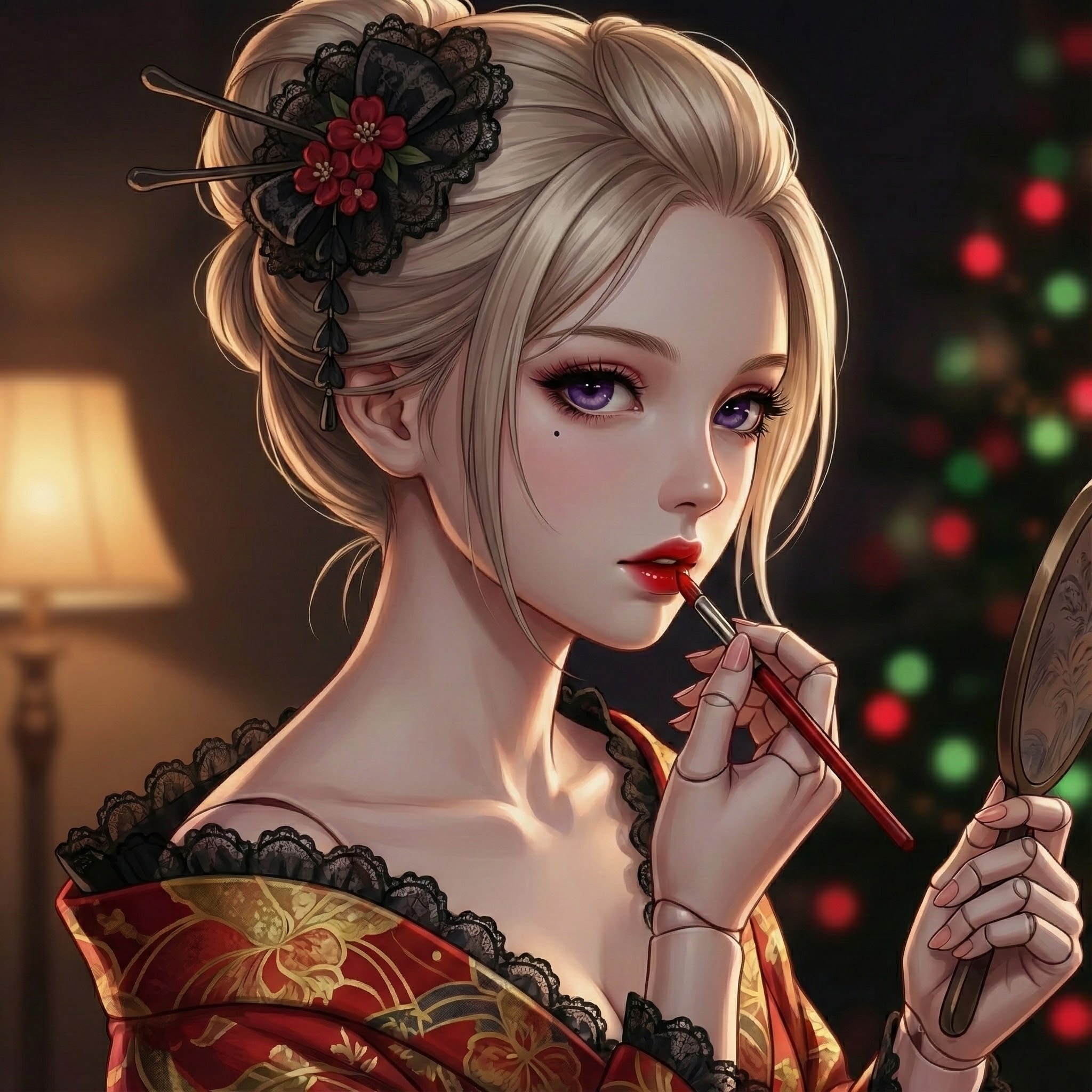 紅を引く刻（とき） ～和とゴシックの狭間で～ (Lipstick Ritual: Wagoth Style) | の人気AIイラスト・グラビア