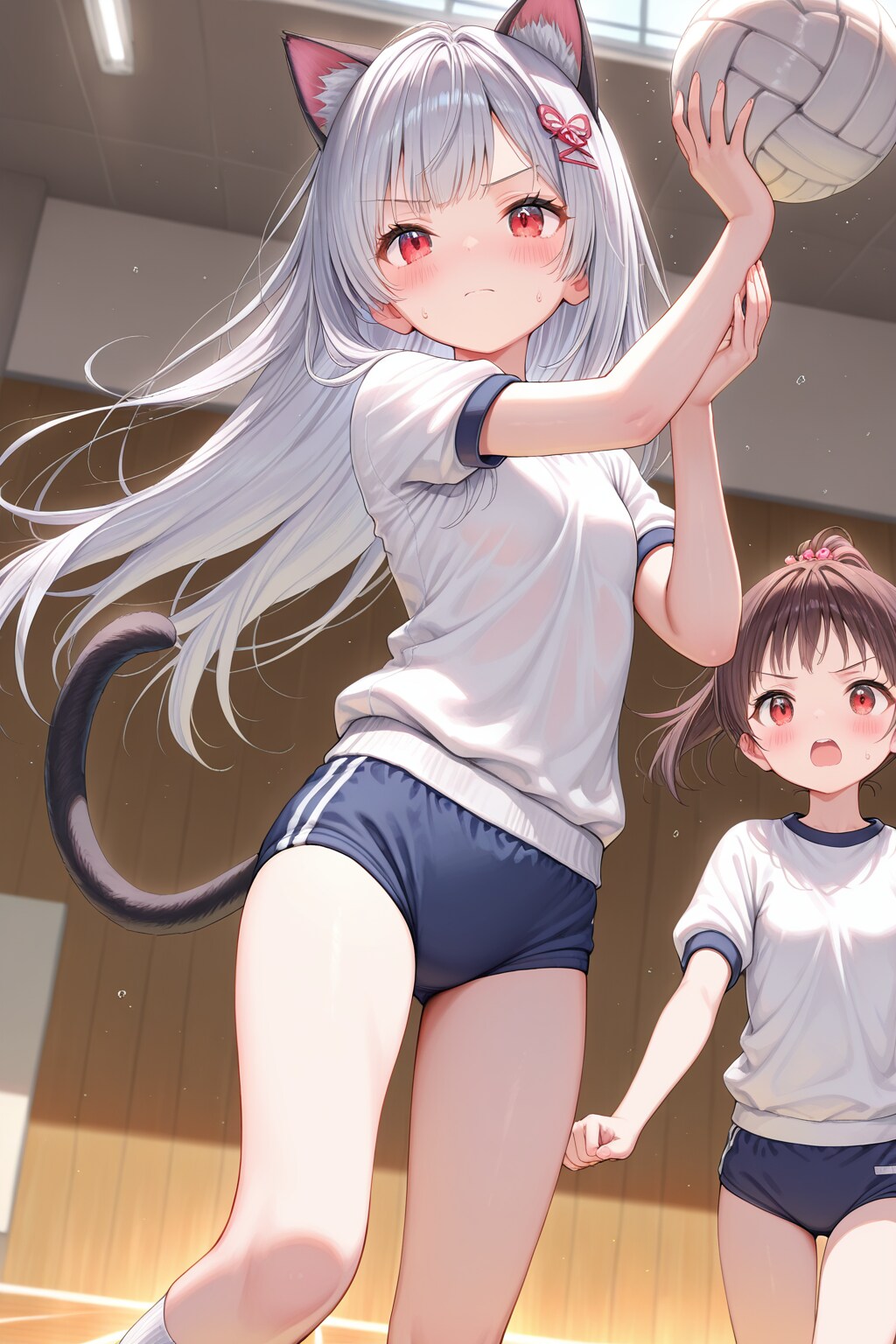 バレーボールをする体操服の銀音ちゃん(QILINとEMERALD比較)