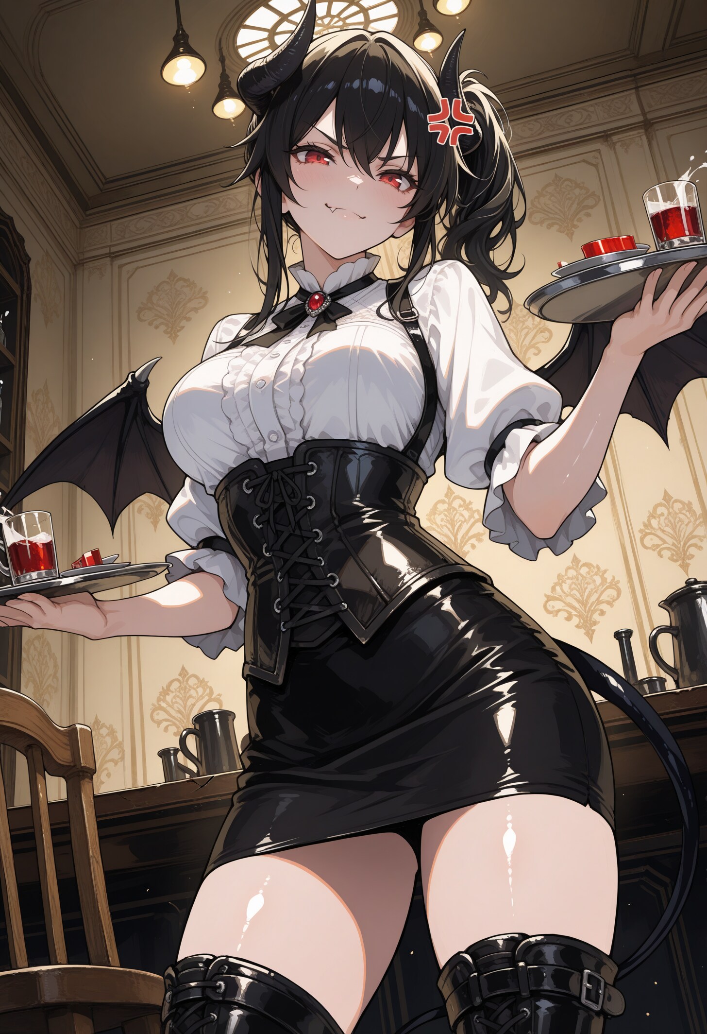 酔って暴れる客を優しく注意するバーメイド悪魔娘