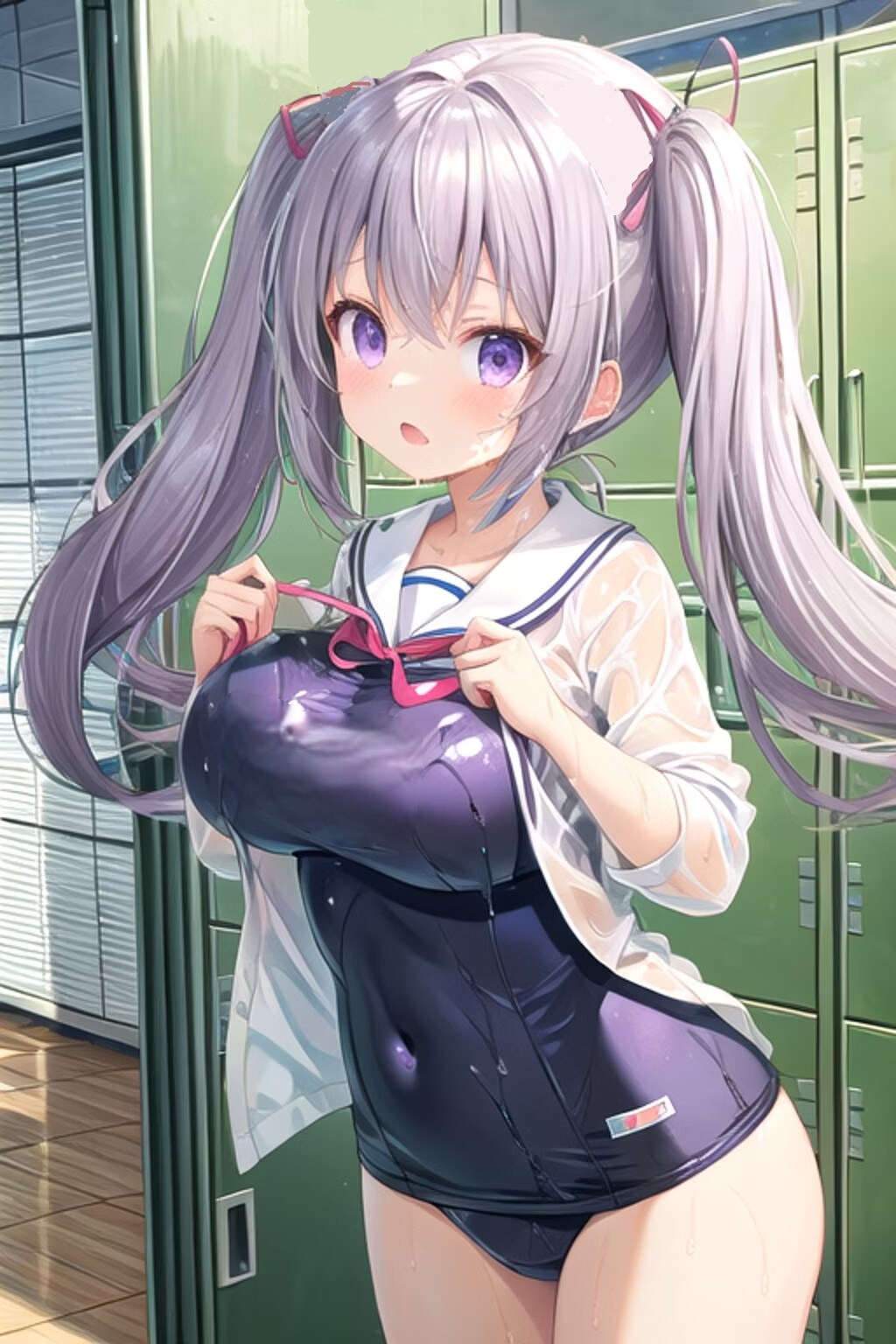 濡れた水着の上から制服を着る女の子
