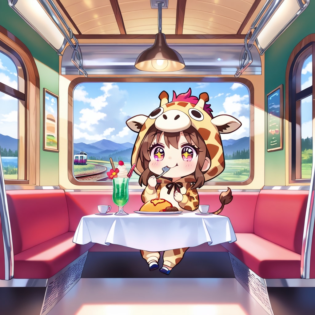 食堂車で食事を楽しむキリン着ぐるみちび子ちゃん