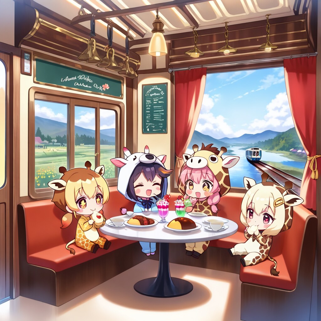 食堂車で食事を楽しむキリン着ぐるみちび子ちゃん | の人気AIイラスト・グラビア