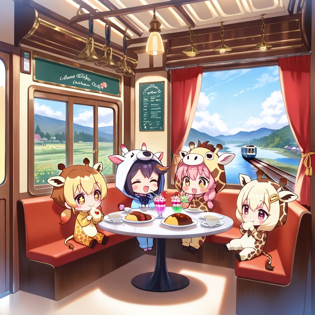 食堂車で食事を楽しむキリン着ぐるみちび子ちゃん