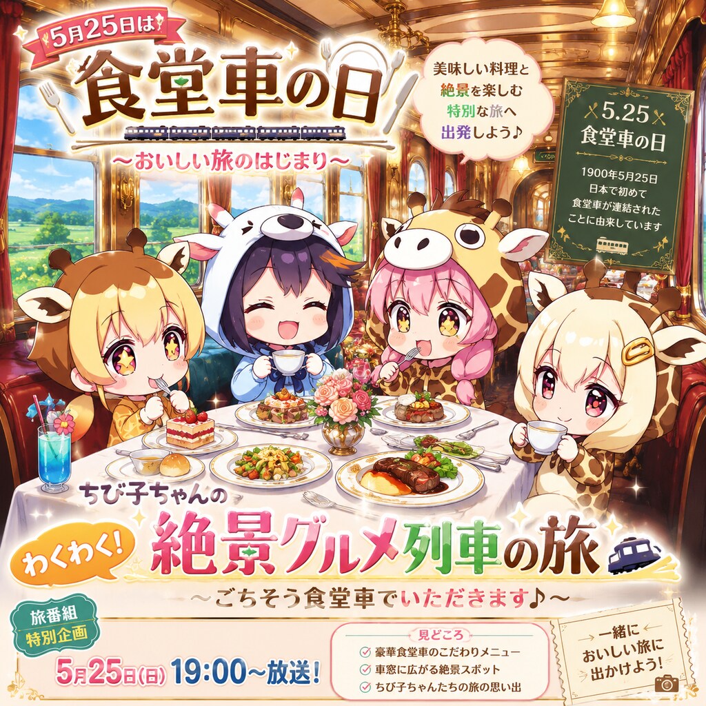 食堂車で食事を楽しむキリン着ぐるみちび子ちゃん