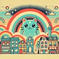 線画なしフラットカラーファンタジー、虹色の町の虹色猫 2枚目