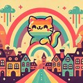 線画なしフラットカラーファンタジー、虹色の町の虹色猫 4枚目