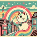 線画なしフラットカラーファンタジー、虹色の町の虹色猫 3枚目