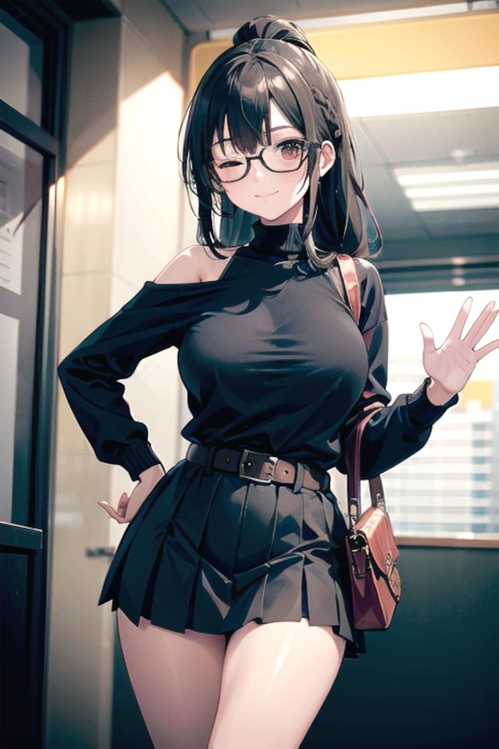 黒髪ポニ子(三つ編み)の散歩