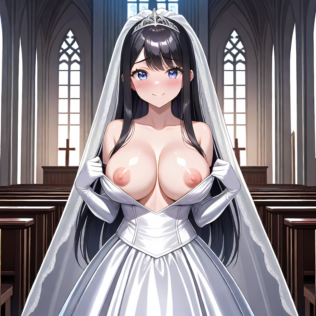 光沢ウェディングドレス胸露出