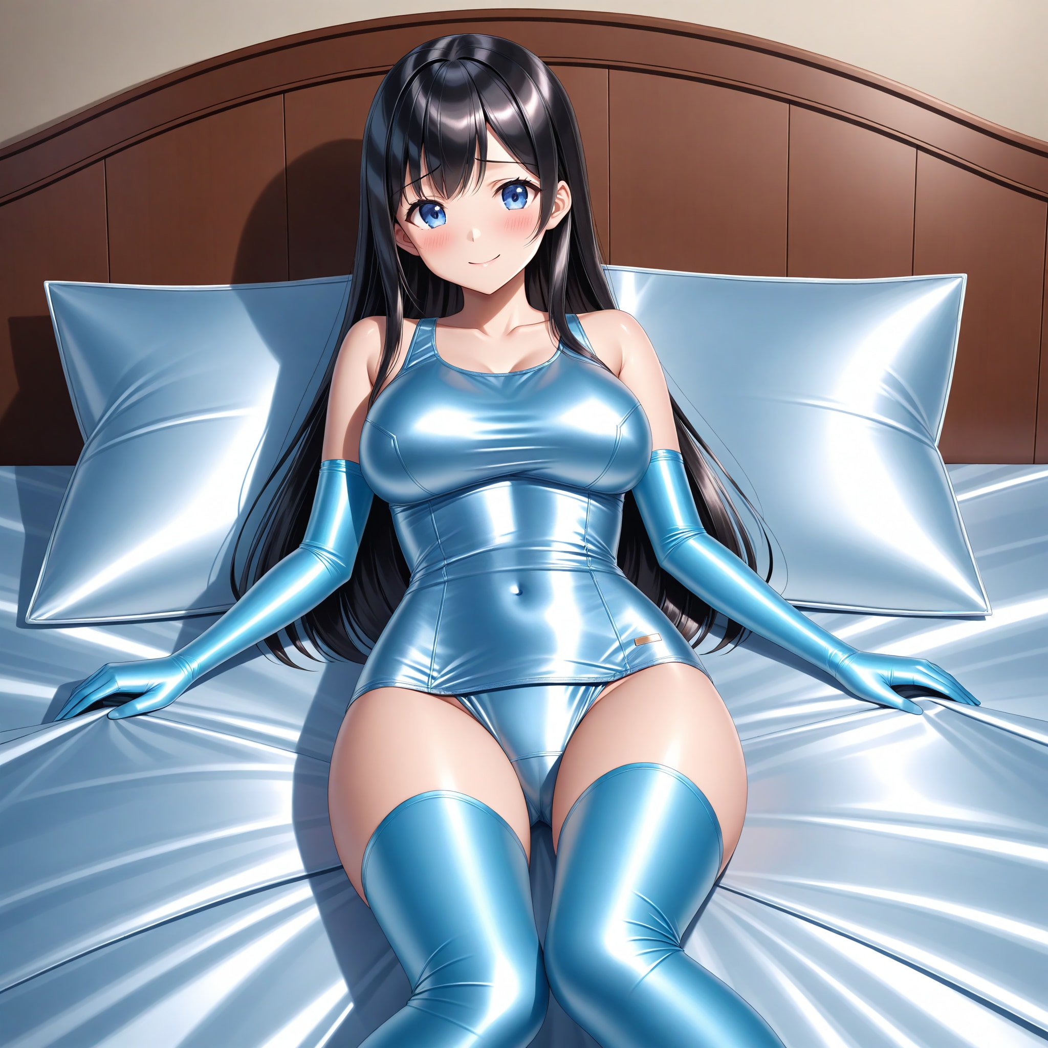 水色サテン旧型スクール水着長手袋サイハイソックス