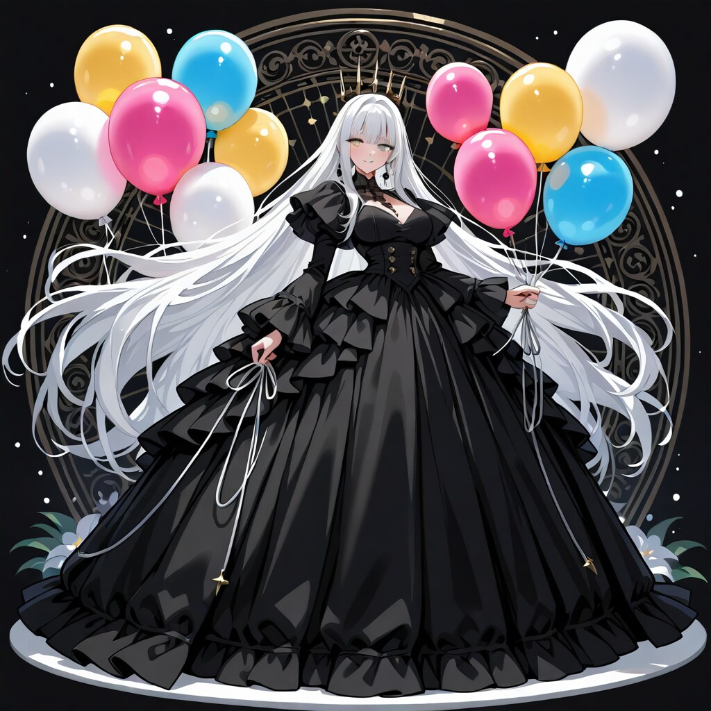 いっぱい色とりどりの風船を持つ白い髪ロングの黒いドレス着た美女 | の人気AIイラスト・グラビア