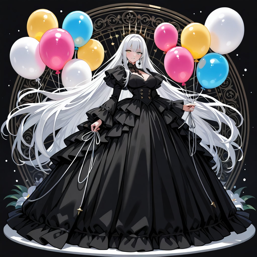 いっぱい色とりどりの風船を持つ白い髪ロングの黒いドレス着た美女