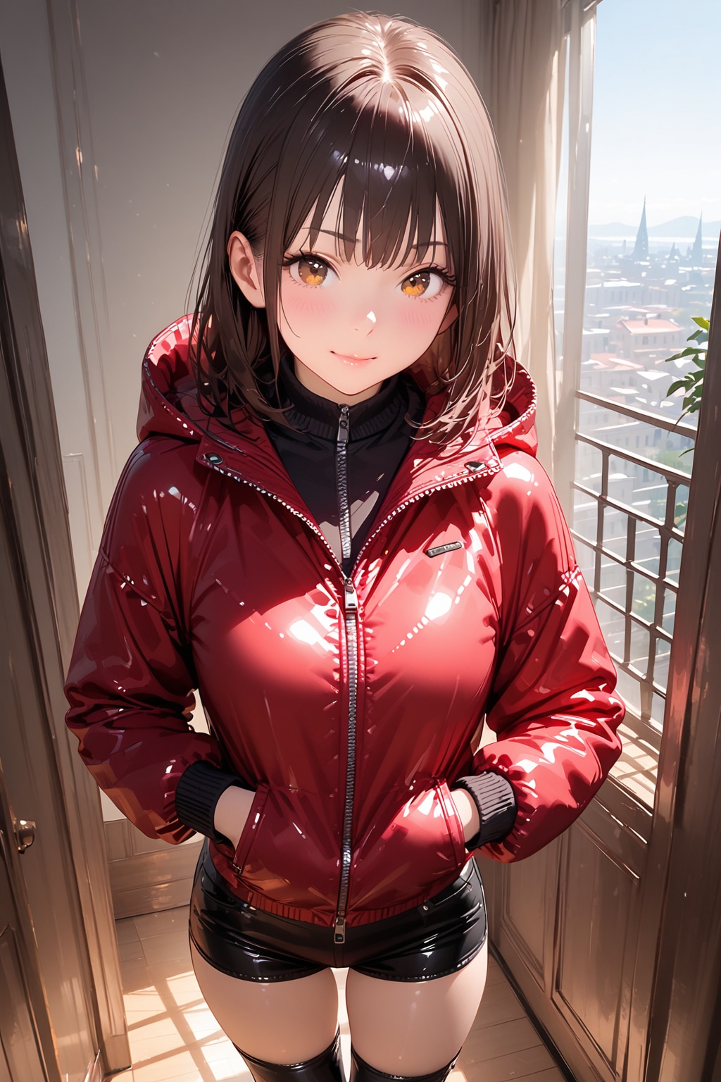 赤いパーカーの女子