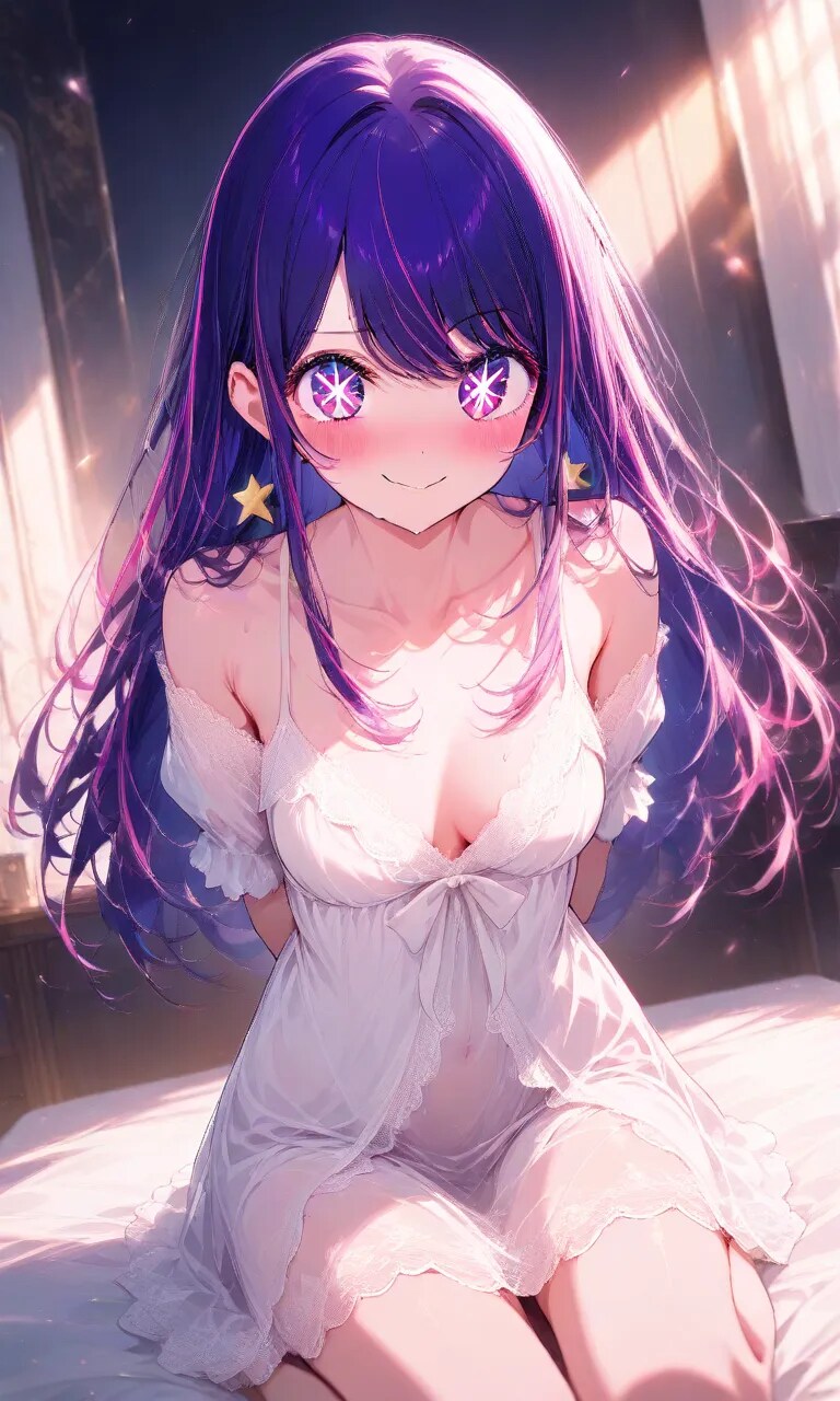 ネグリジェ🌃👗姿でベッド🛌に座る星野アイ🎤👗