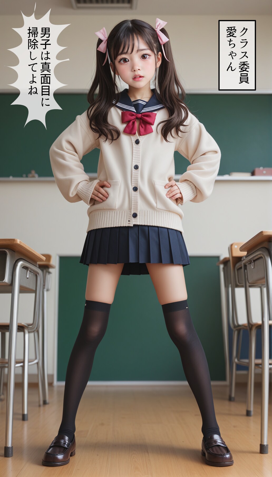 掃除をしない男子を注意する、クラス委員の愛ちゃん
