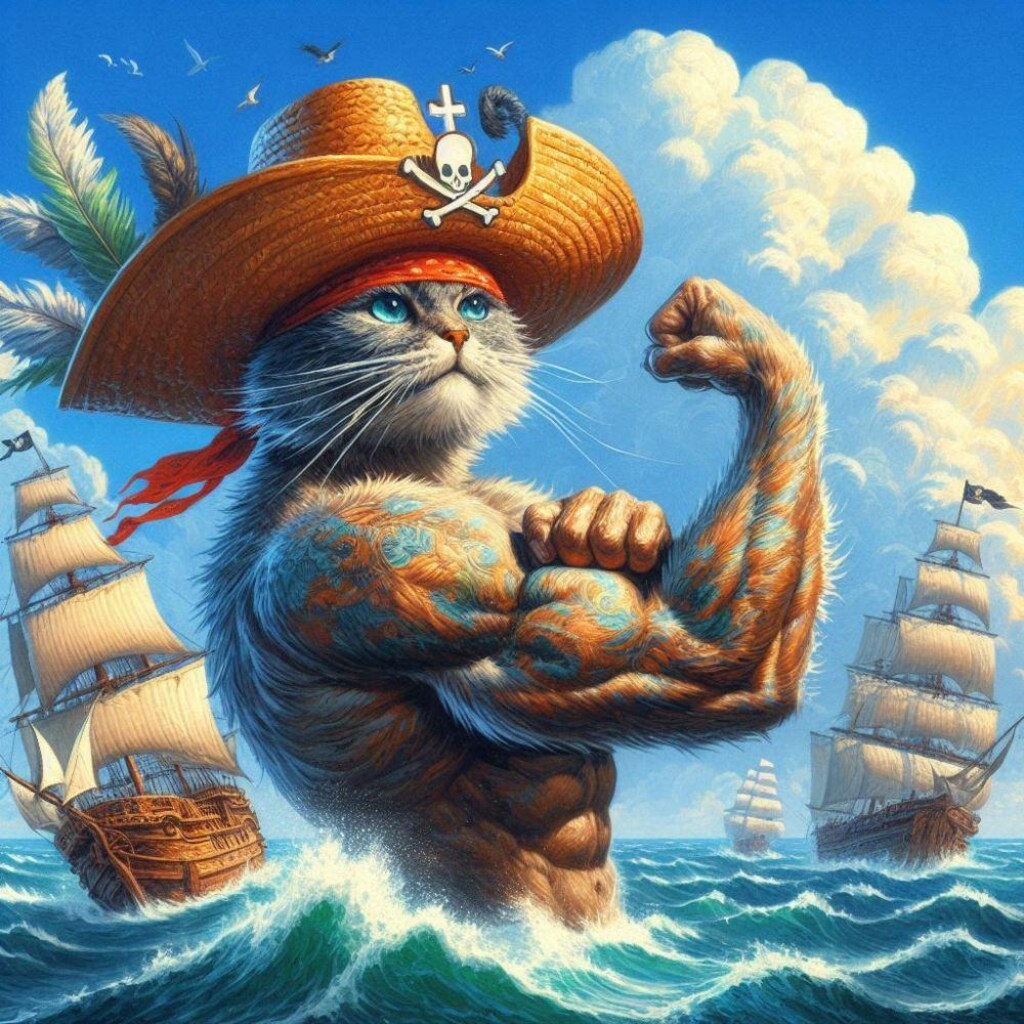 油絵ファンタジー、麦わら帽子海賊筋肉猫