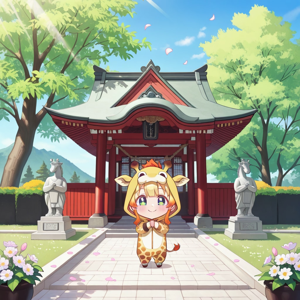 お寺の境内でお散歩キリン着ぐるみちび子ちゃん