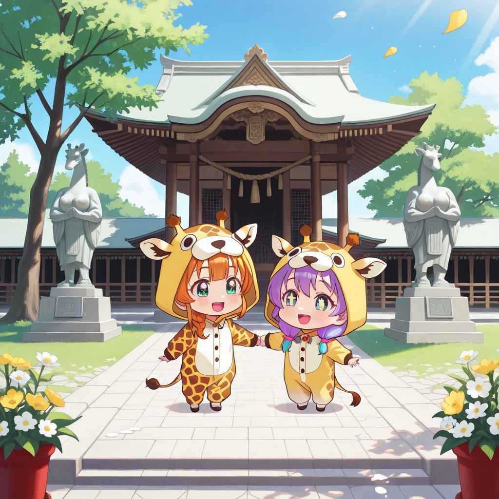 お寺の境内でお散歩キリン着ぐるみちび子ちゃん