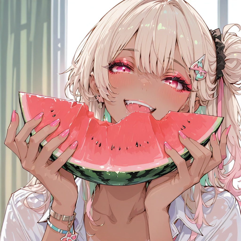 金髪ギャルとスイカ
