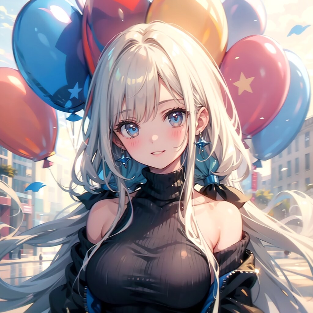 いっぱい風船を持つ白い髪ロングのニット服の美女。