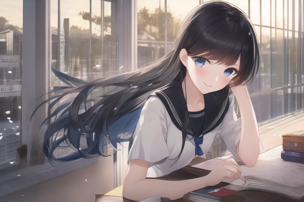 夕日差し込む図書室でお勉強