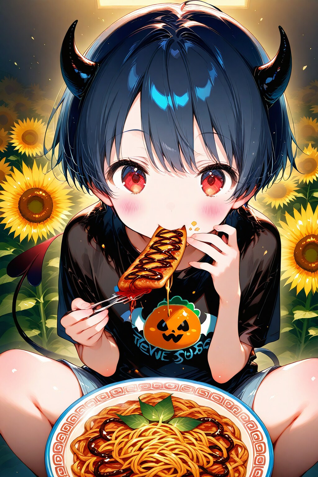 ひまわりと黒い尻尾と焼きそば？パン？ | の人気AIイラスト・グラビア