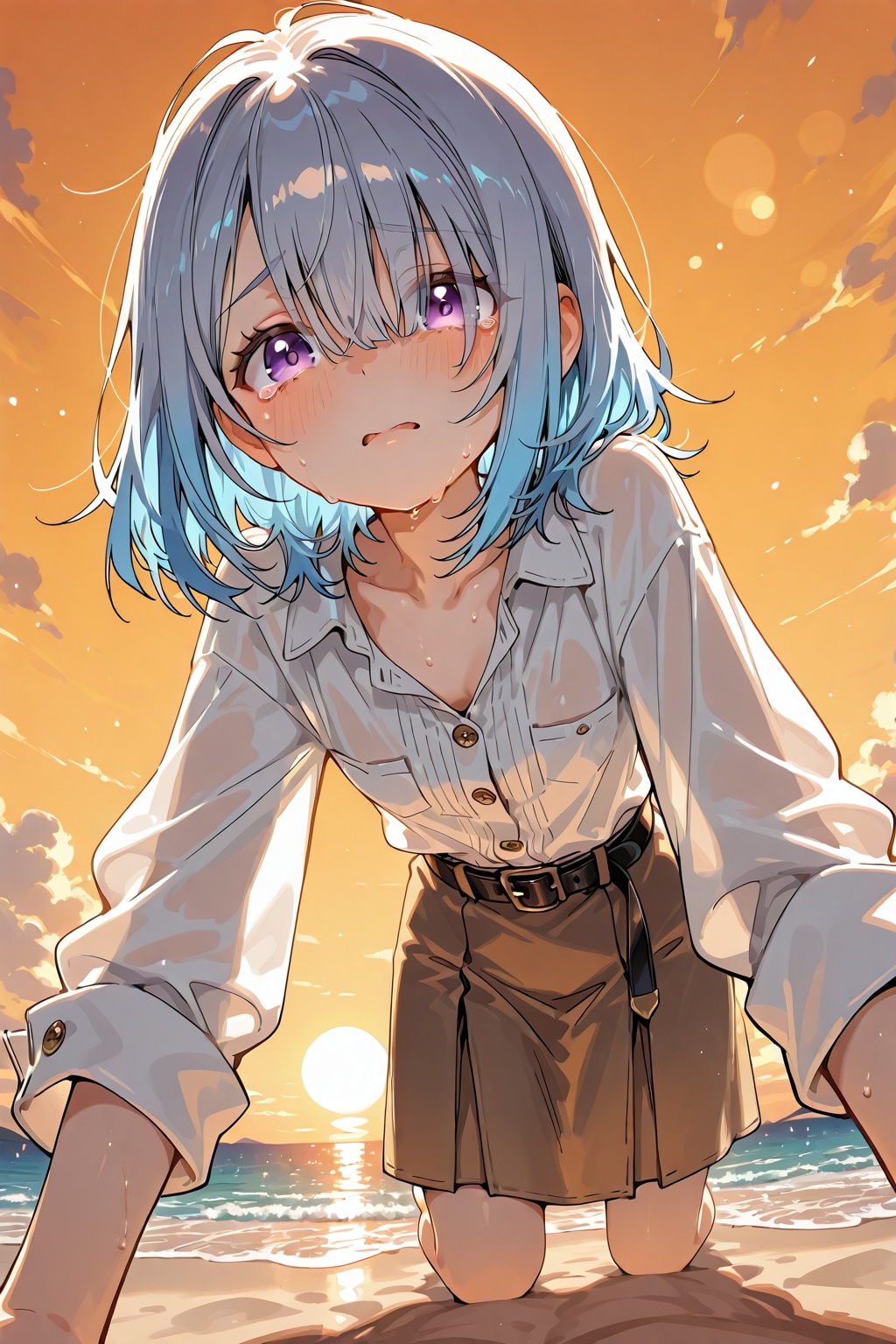 夕暮れの砂浜で泣く