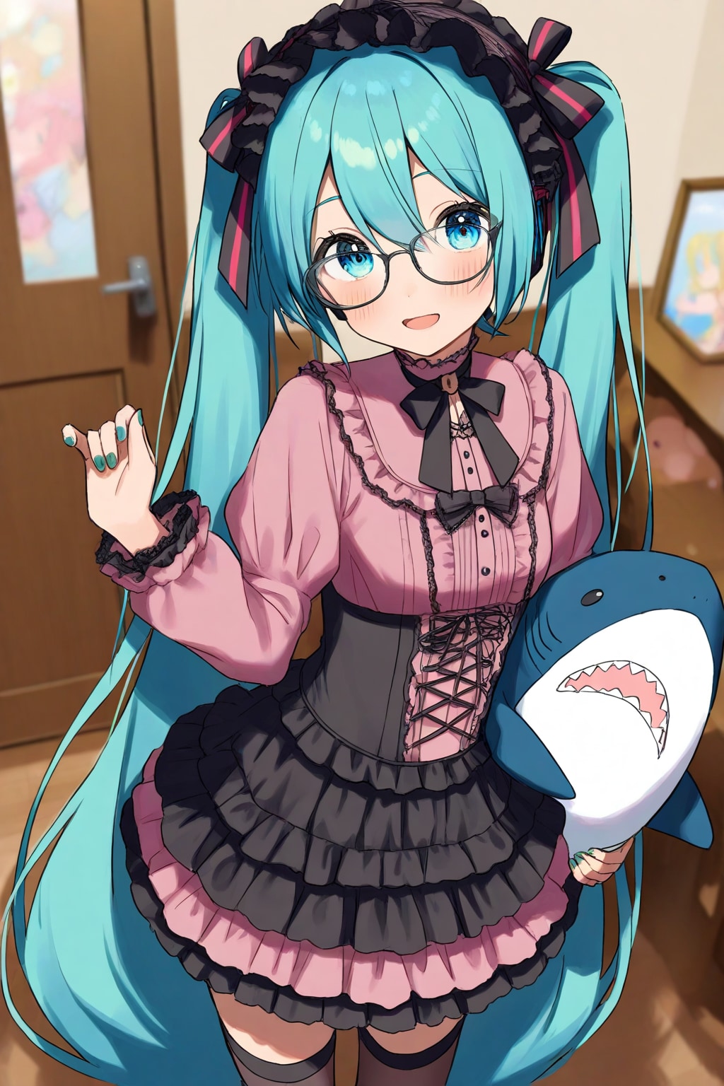 サメのぬいぐるみを抱いたミクちゃん