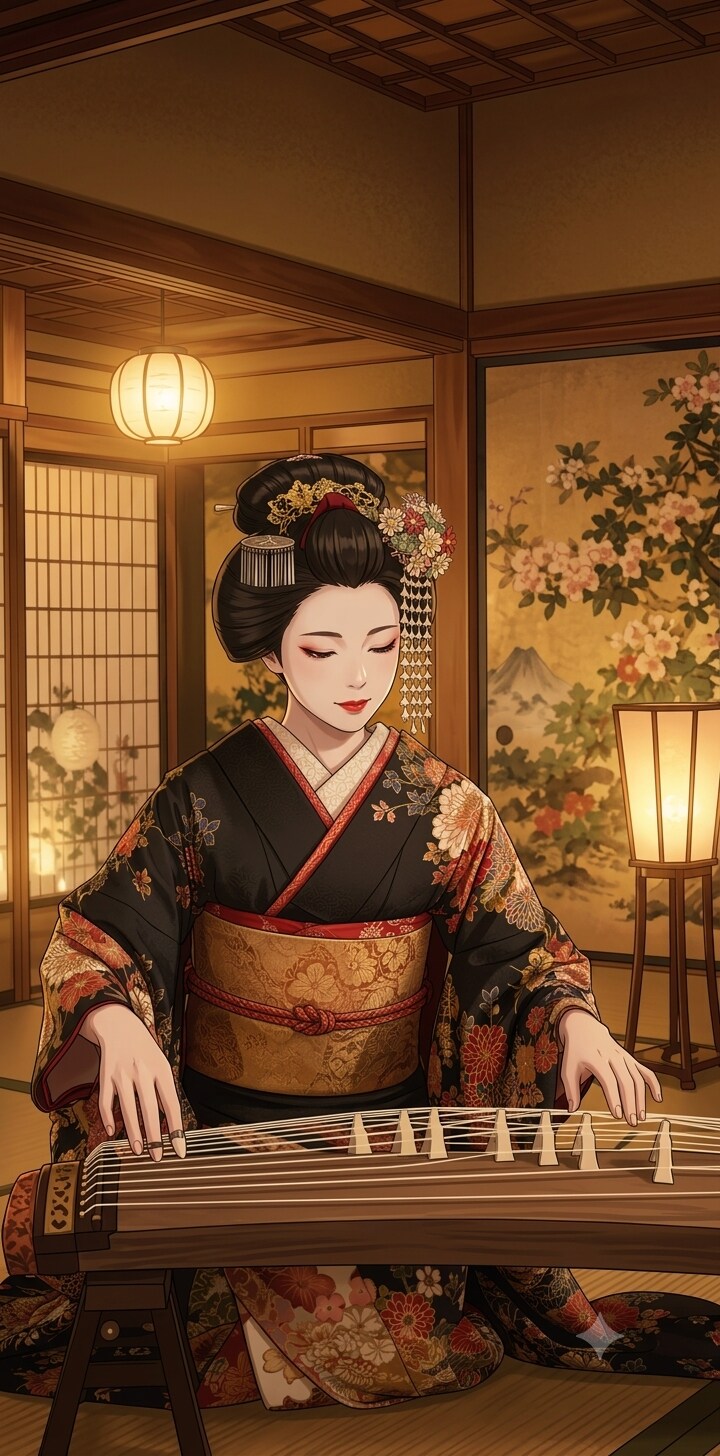 お琴を奏でる芸者