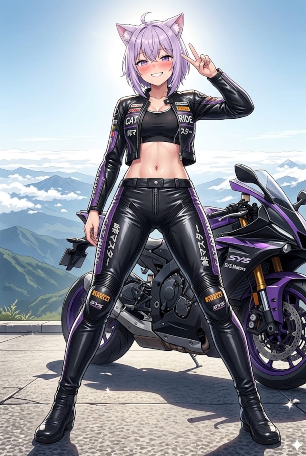 峠を攻め切って記念撮影のライダースーツのシス