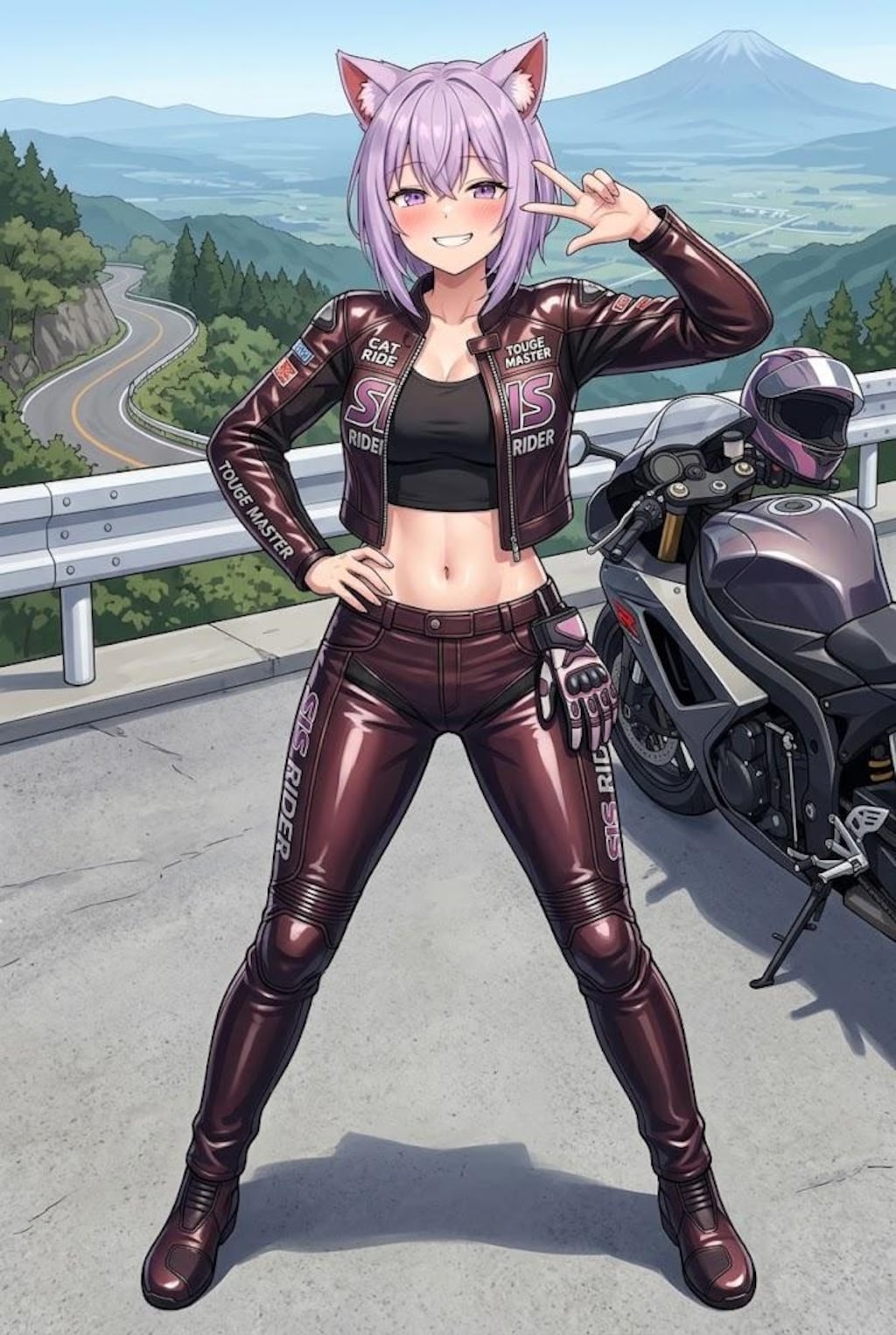 峠を攻め切って記念撮影のライダースーツのシス