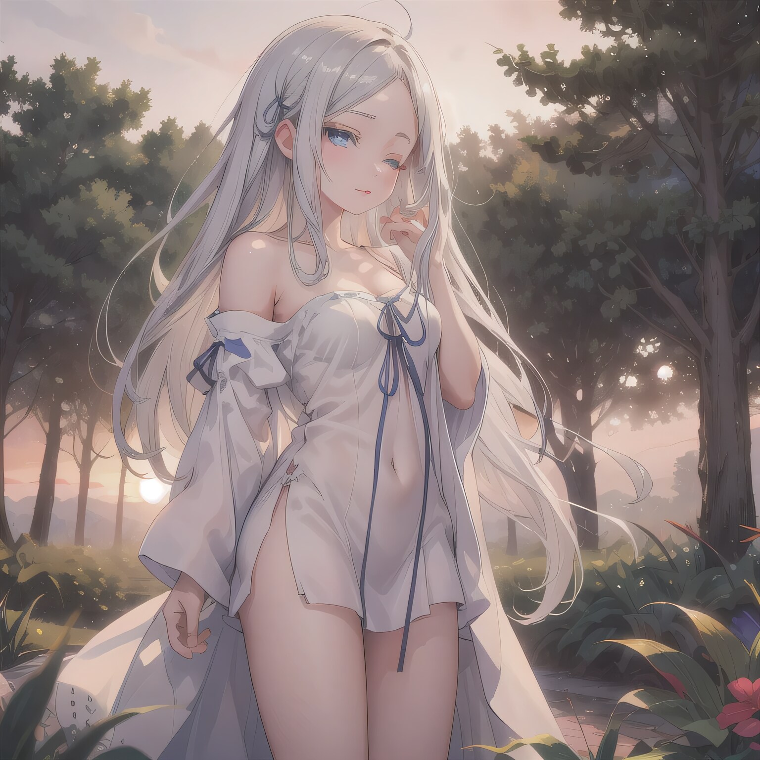 白髪ロングでワンピースの少女３ | の人気AIイラスト・グラビア