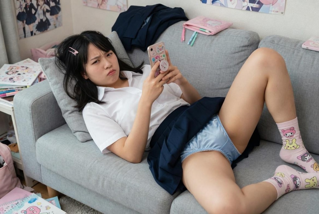 着替えもしないでリビングのソファでリラックスする妹