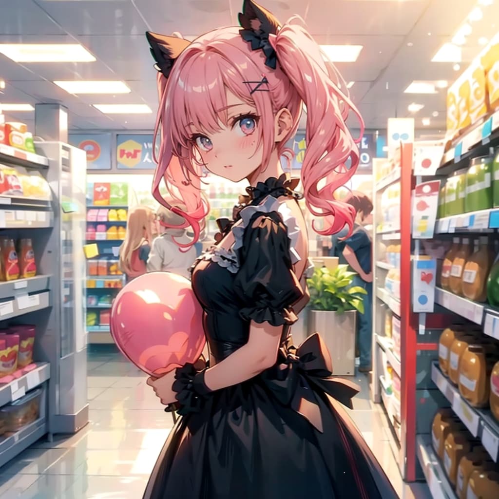 コンビニで小さい風船を持つピンク髪ツインテールのゴスロリ衣装着た美少女
