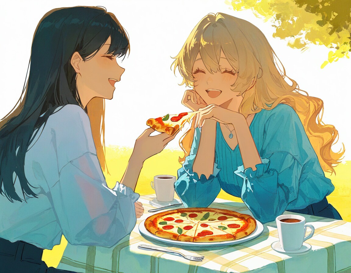 二人でピザをシェア | の人気AIイラスト・グラビア